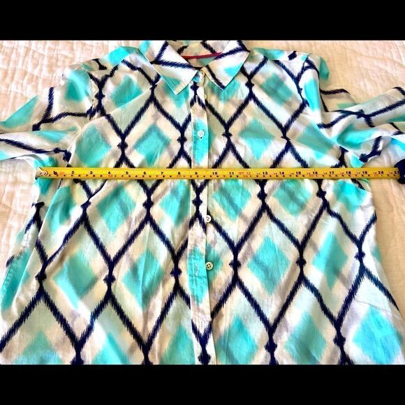 Talbots Aqua/Navy/White B/F Tab Sleeve Woman's Blouse Top Semi Sheer Sz MP - Picture 3 of 8
